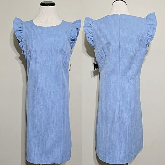 Nwt JH Blue Dress 10 Womens Ruffle Sleeve Feminine Casual Classic Preppy Shift - Picture 1 of 14